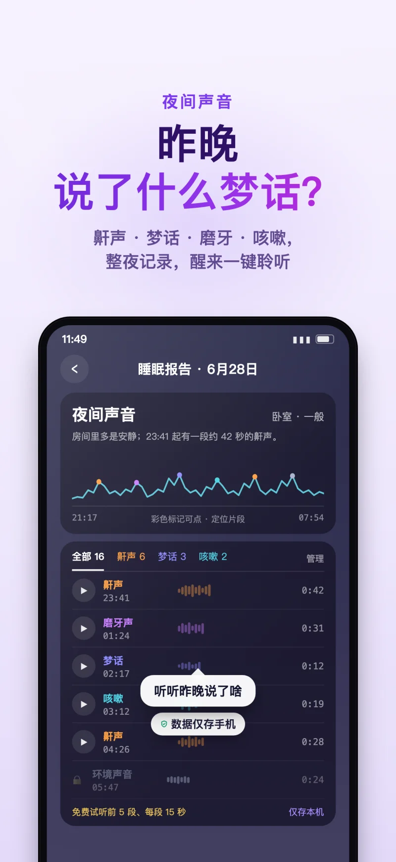 睡眠岛 App 夜间声音记录与鼾声梦话回听界面