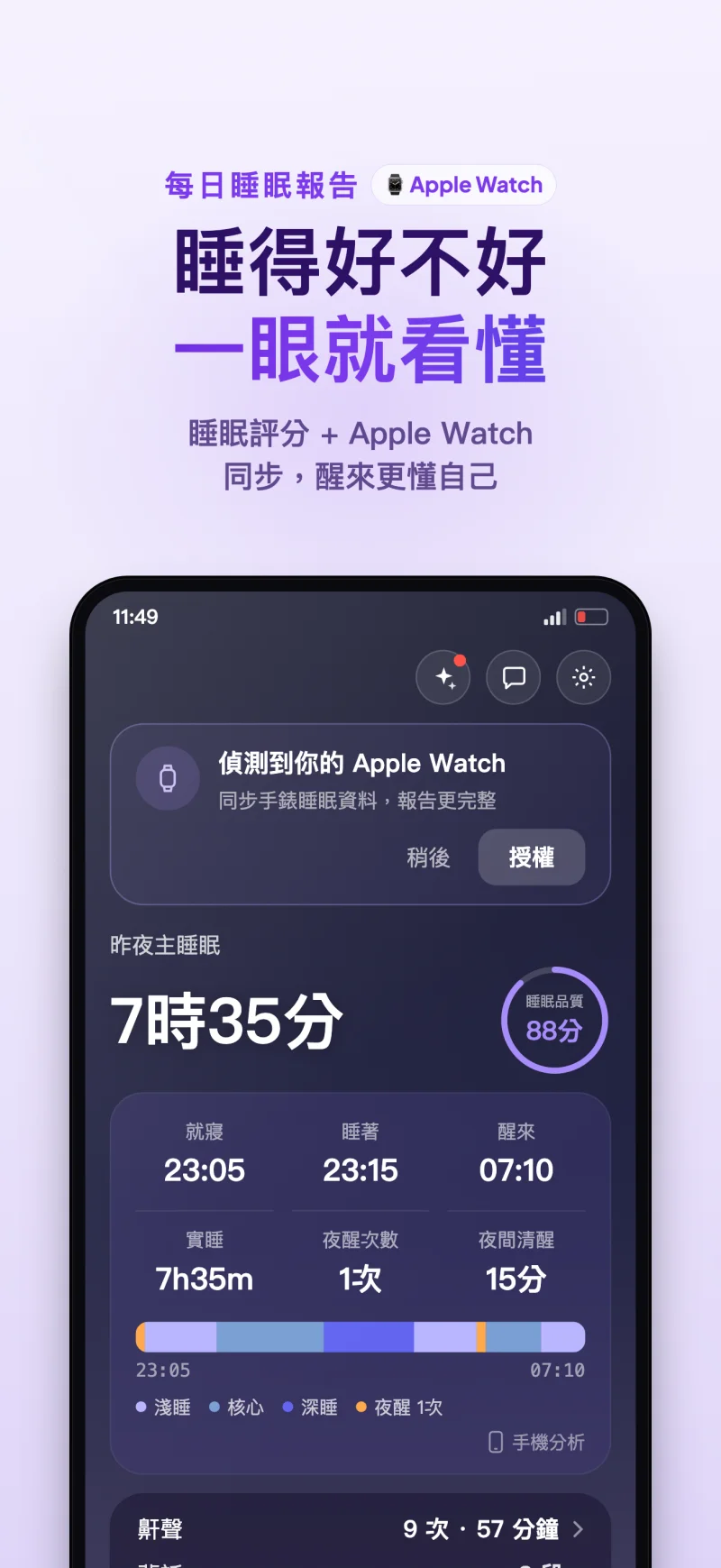 睡眠島 App 每日睡眠報告與睡眠評分介面